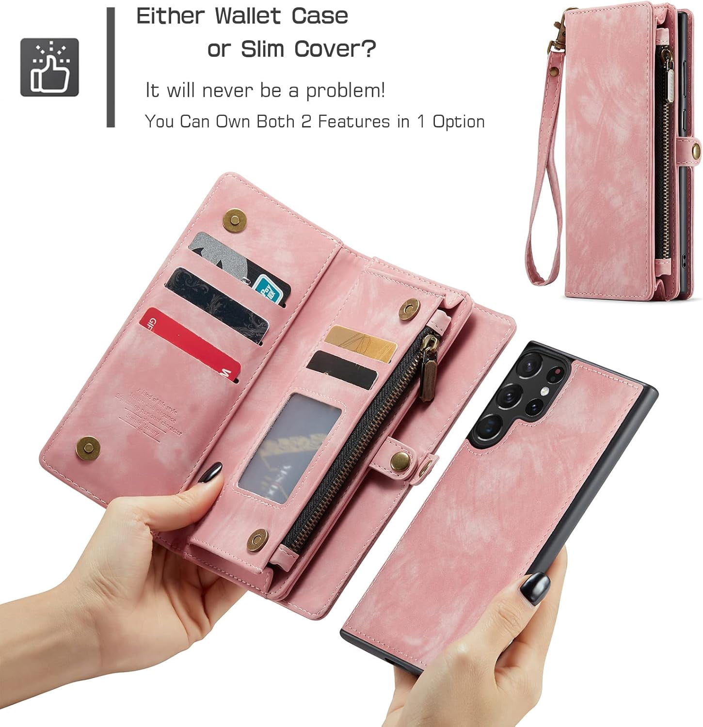 Phone Case for Samsung Galaxy S23 Ultra 5G Zipper Wallet Detachable Cover with Leather Flip Credit Cash Card Holder Mobile Cell Accessories S23Ultra 23S S 23 23Ultra 6.8 inch Women Men Pink
