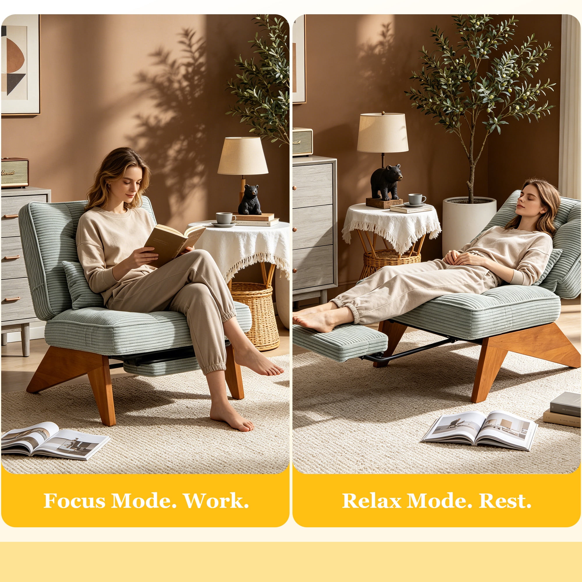 MOONMISS Modern Adjustable Lounge Chair with Footrest,Wooden Base Upholstered Recliner for Reading Rest Corduroy