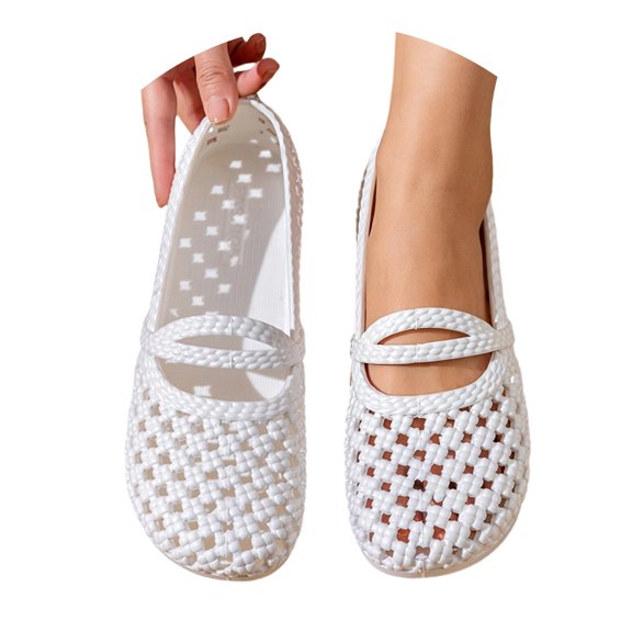 BRICH Mary Jane Flats for Women Perforated Round Toe Ballet Flats Comfortable Ballerina Shoes White 8.5