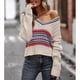 thumbnail image 3 of Color Bolck Suéter Tejido Cuello En V Manga Larga Casual Cómodo Simple Jersey Suéter Albaricoque S, 3 of 6