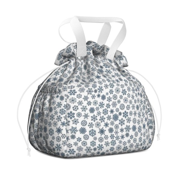 Blue Christmas Snowflake Pattern Drawstring Lunch Bag Women - Drawstring Lunch Bag Insulated for Work Office - Stain-Resistant Large Lunchbags for Women with Multi-Pockets