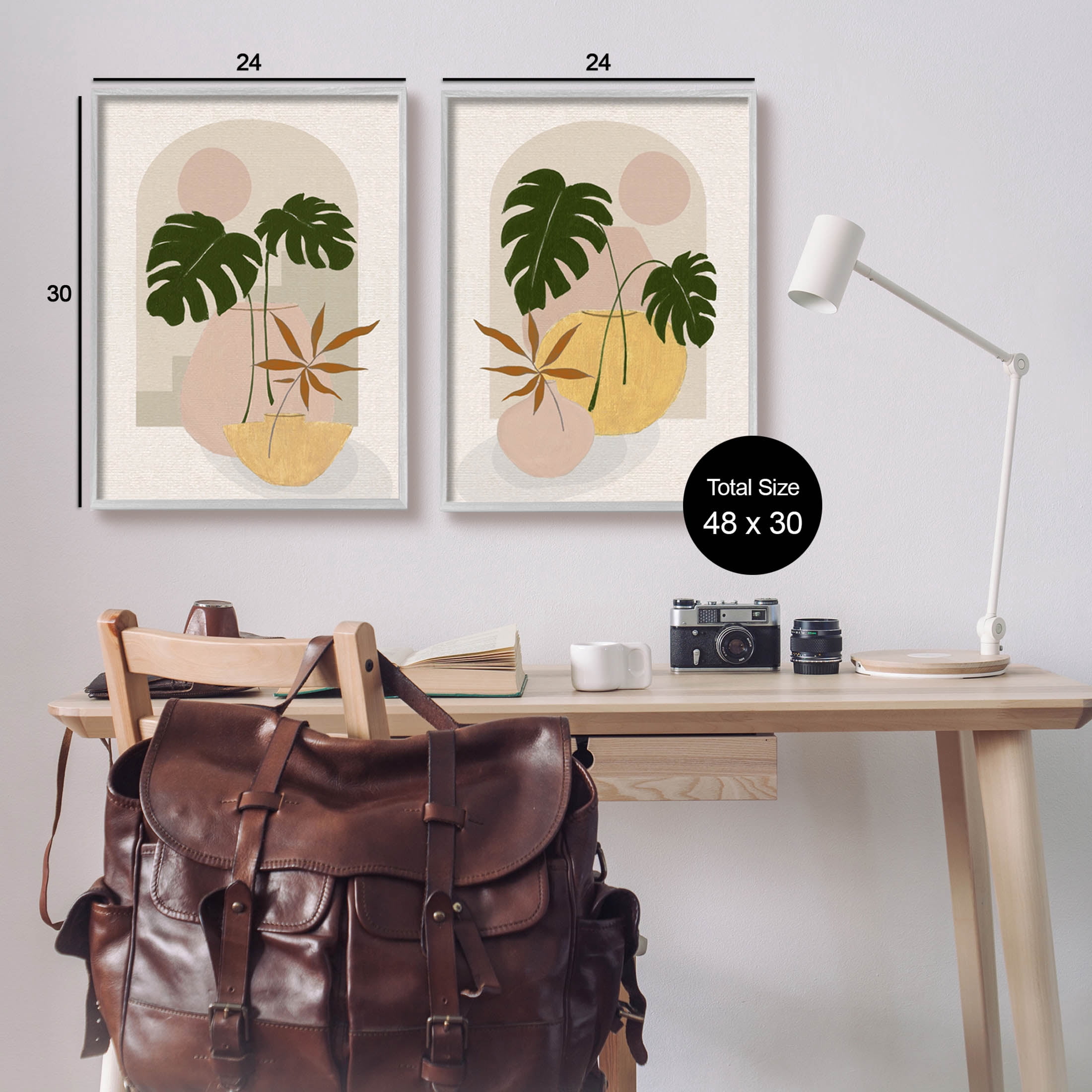 Boho Monstera Archway Landscape Botanical & Floral Painting Gray Framed Art Print Wall Art, Set of 2