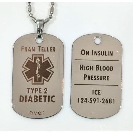 Engraved Oval Tag Pendant Custom Engraved Diabetes Diabetic Medical Alert Tag Pendant Necklace in Silver - free personalization ()