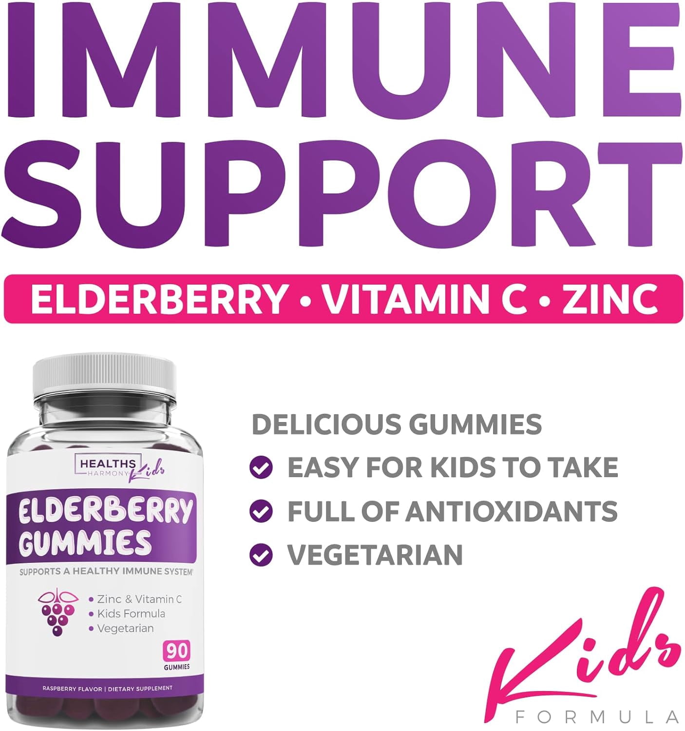 Healths Harmony Elderberry Gummies for Kids, Immune Support Supplement with Vitamin C & Zinc, 90 Count