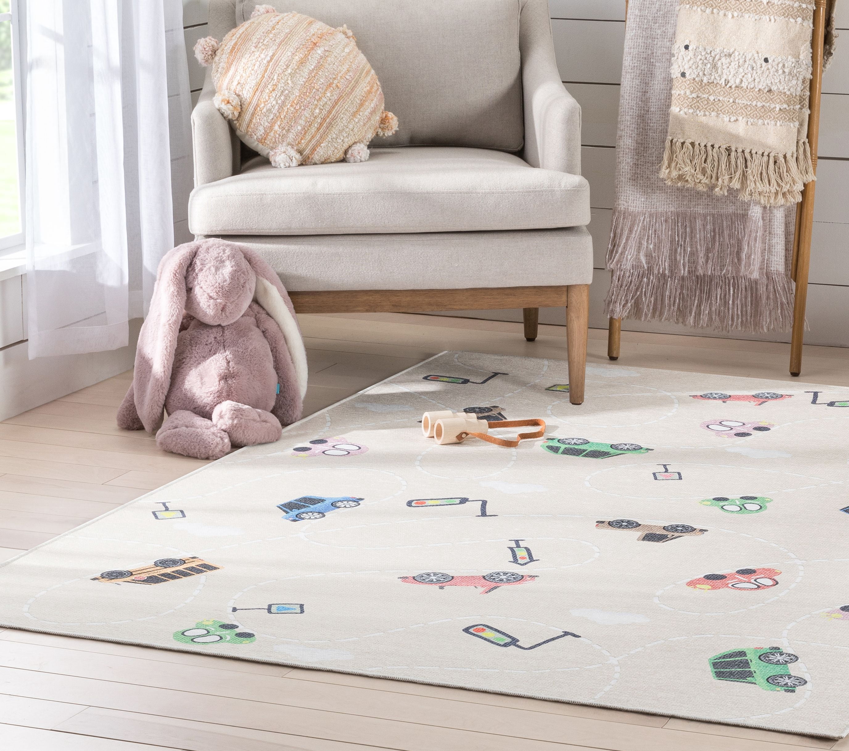Well Woven Kids Rugs Traffic Modern Beige Printed Distressed Machine Washable 3'3" x 5' Area Rug
