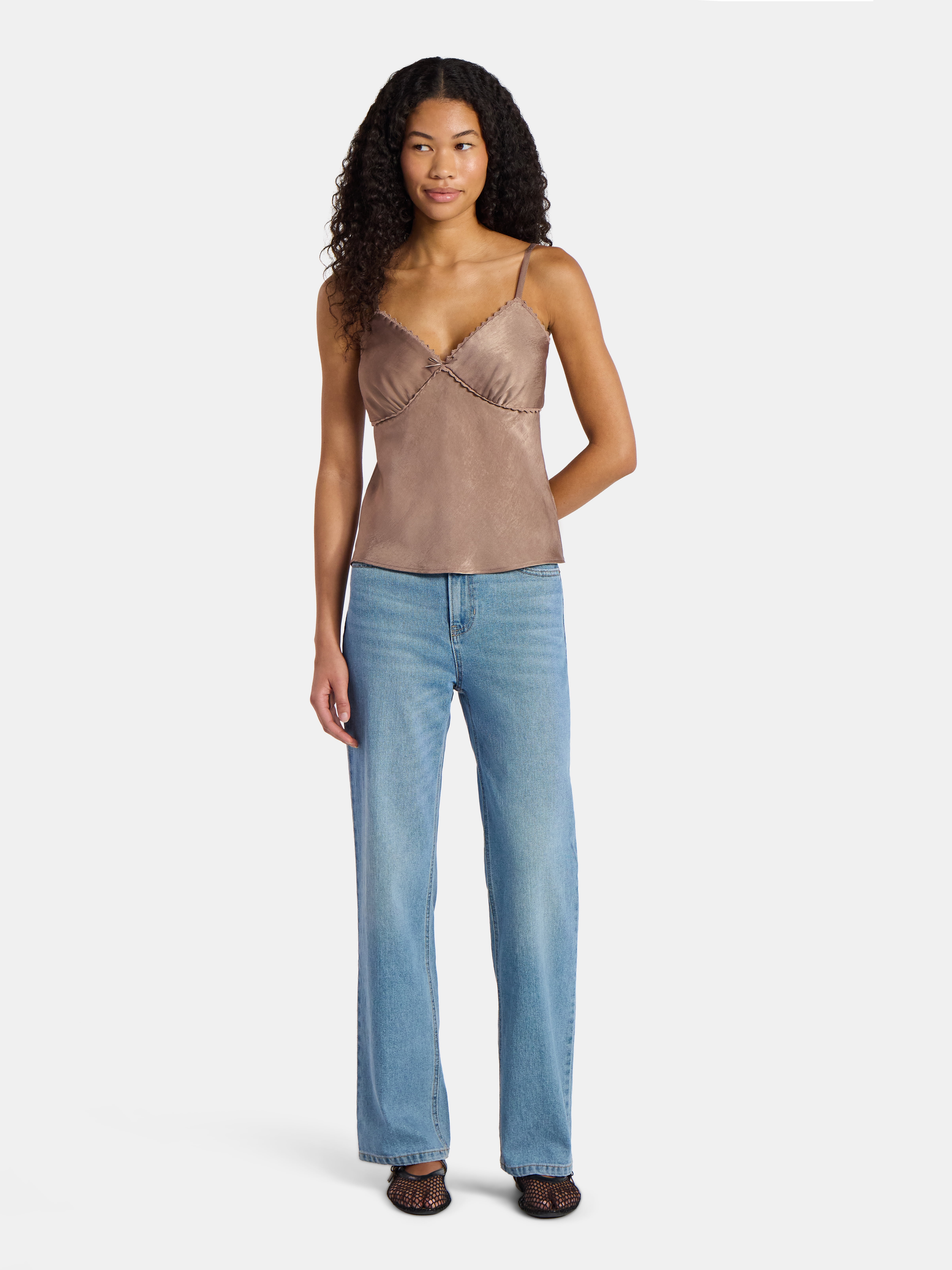 トップス Bed&BreakfastDrape ette CamisoleB&B No Boundaries Woven Cami Top with Lace Trim and Bow, Women's