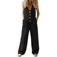 thumbnail image 6 of Oksale Wide Leg Jumpsuits for Women Plus Size Casual Cozy Linen Jumpsuit Dressy Button V Neck Sleeveless Bib Overalls with Pockets Black 3XL, 6 of 7