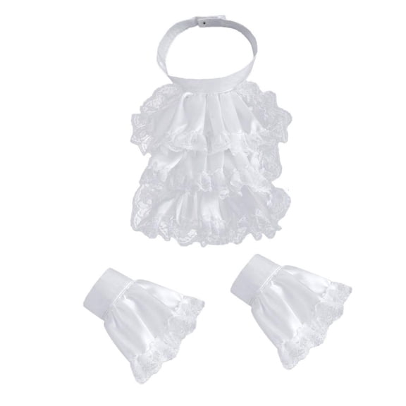 Giaone Victorian Colonial Jabot Set Ruffled Lace Necktie Collar with Wrist Cuffs Set