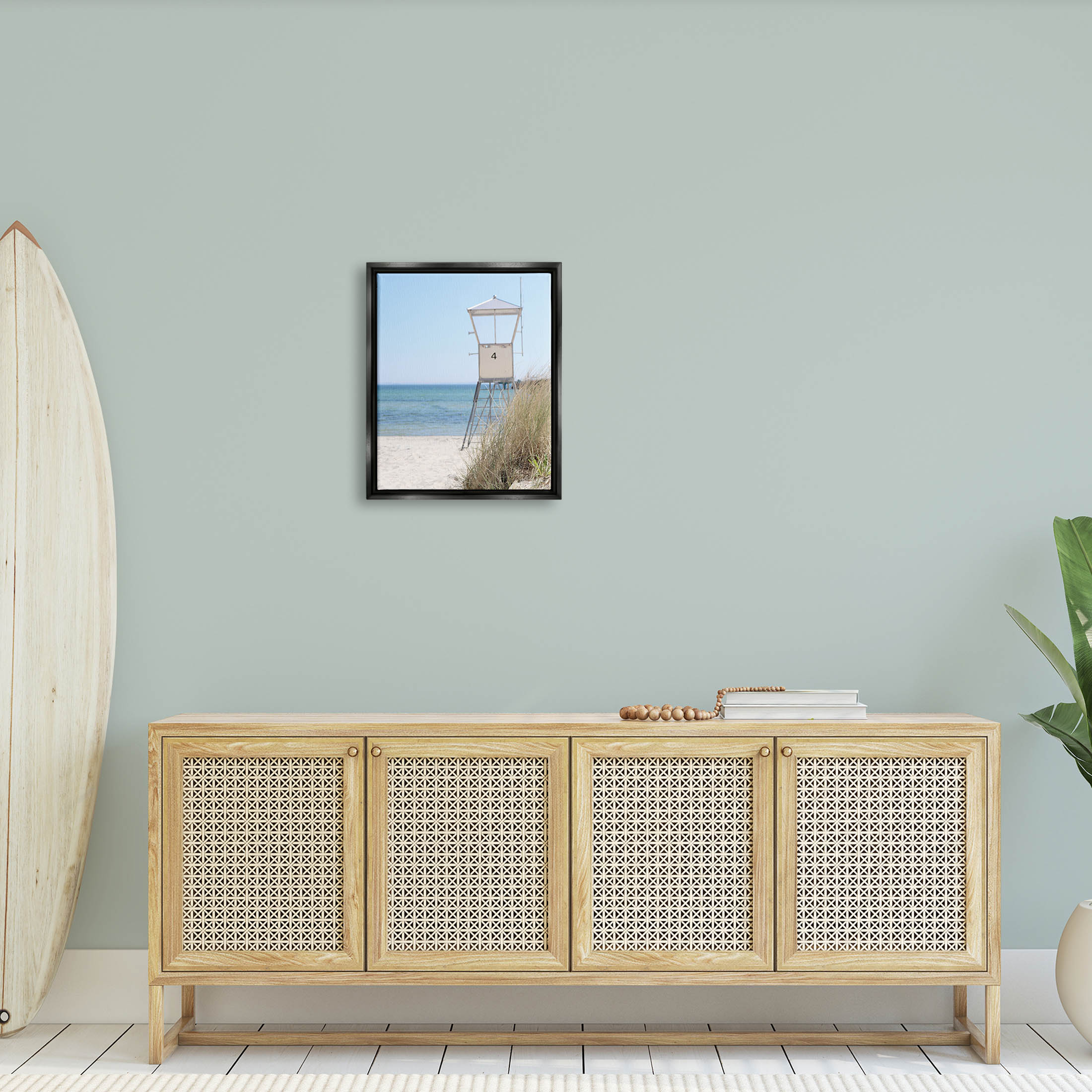 Summer Beach Hut Clear Skies Coastal Photograph Jet Black Framed Art Print Wall Art