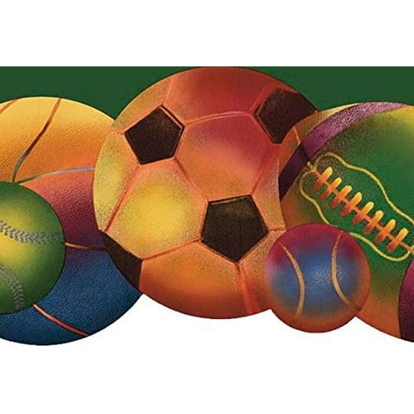 Concord Wallcoverings Wallpaper Border Sport Pattern Football Baseball Soccer Volleyball for Boy Room Home Gym, Green Pink Orange Purple Yellow Blue , 8 Inches by 15 Feet WK9292B
