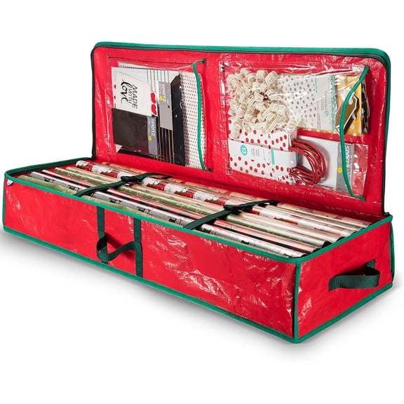 Christmas Wrapping Paper Organizer Storage Bag Containers Interior Pockets 41" Fits Up to 27 Rolls 3/8" Diam, Red