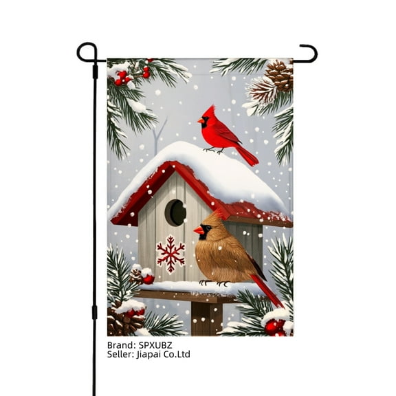 SPXUBZ Winter Cardinal Birdhouse Linen Garden Flag for Winter Christmas Home Outdoor Garden Yard Door Decor 12x18 inch