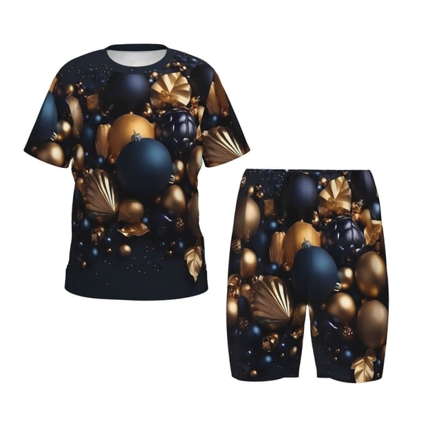 Fotbe Elegant Golden Blue Ornaments Pijama Estampada de 2 Piezas para Niños – Ropa de Dormir de Manga Corta Cómoda para Niños y Niñas, Camiseta y Shorts de Algodón-Medium