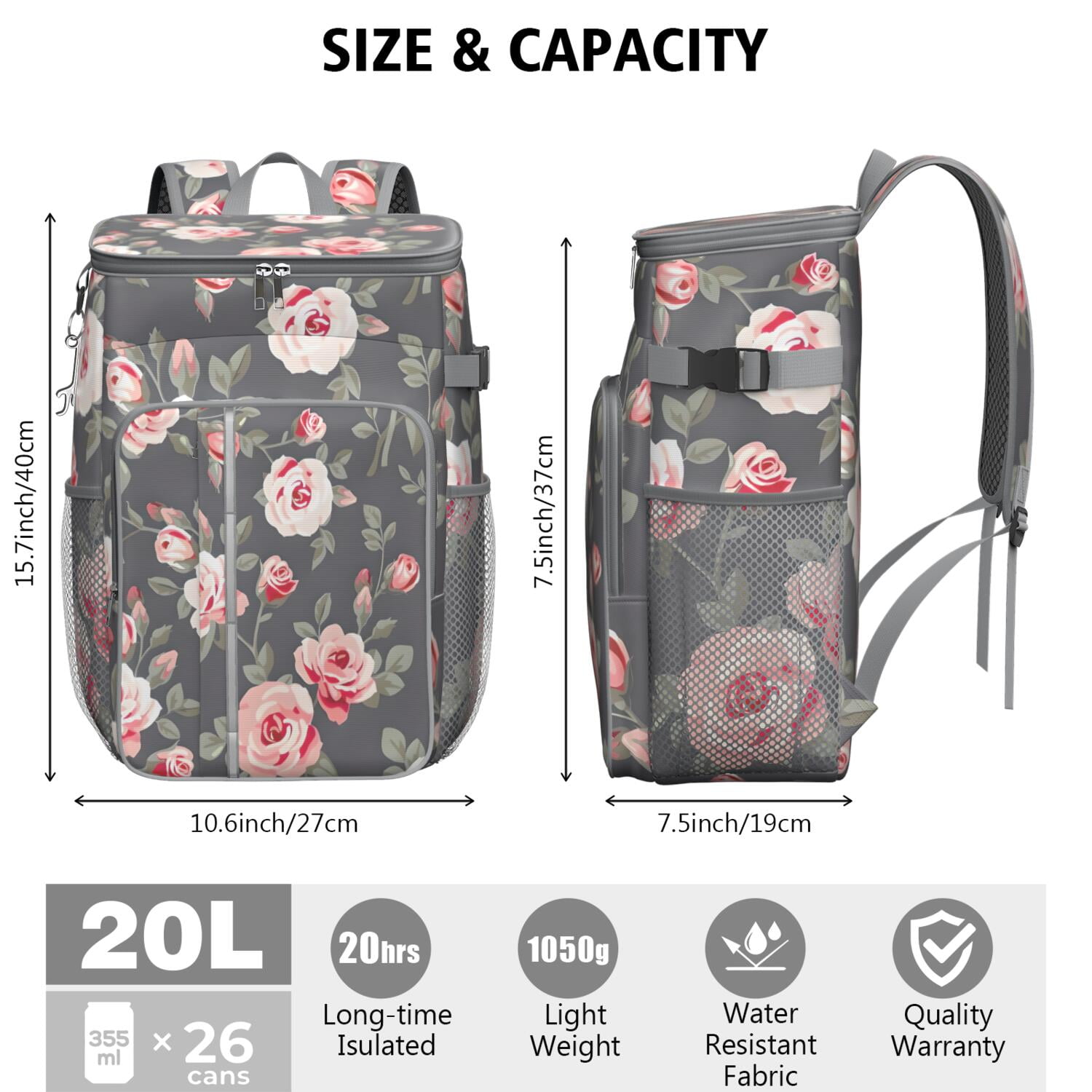 Travel Cooler Bag - Pioneer Flower Floral Print Pattern Camping Beer Cooler Backpack with Bottle Opener- Waterproof Insulated Picnic Backpacks - Cooler Bag for Beach
