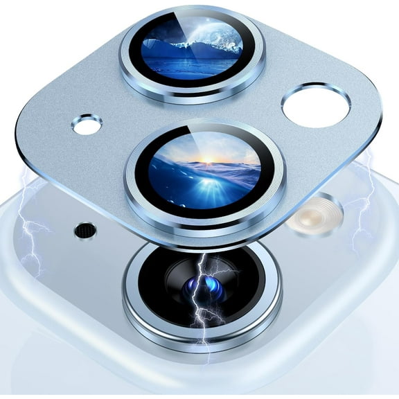 Compatible with iPhone 15 / iPhone 15 Plus Camera Lens Protector, [Not Easy to Break][Strong Adsorption][Case-Friendly] Metal Tempered Glass Rear Camera Screen Cover - Blue