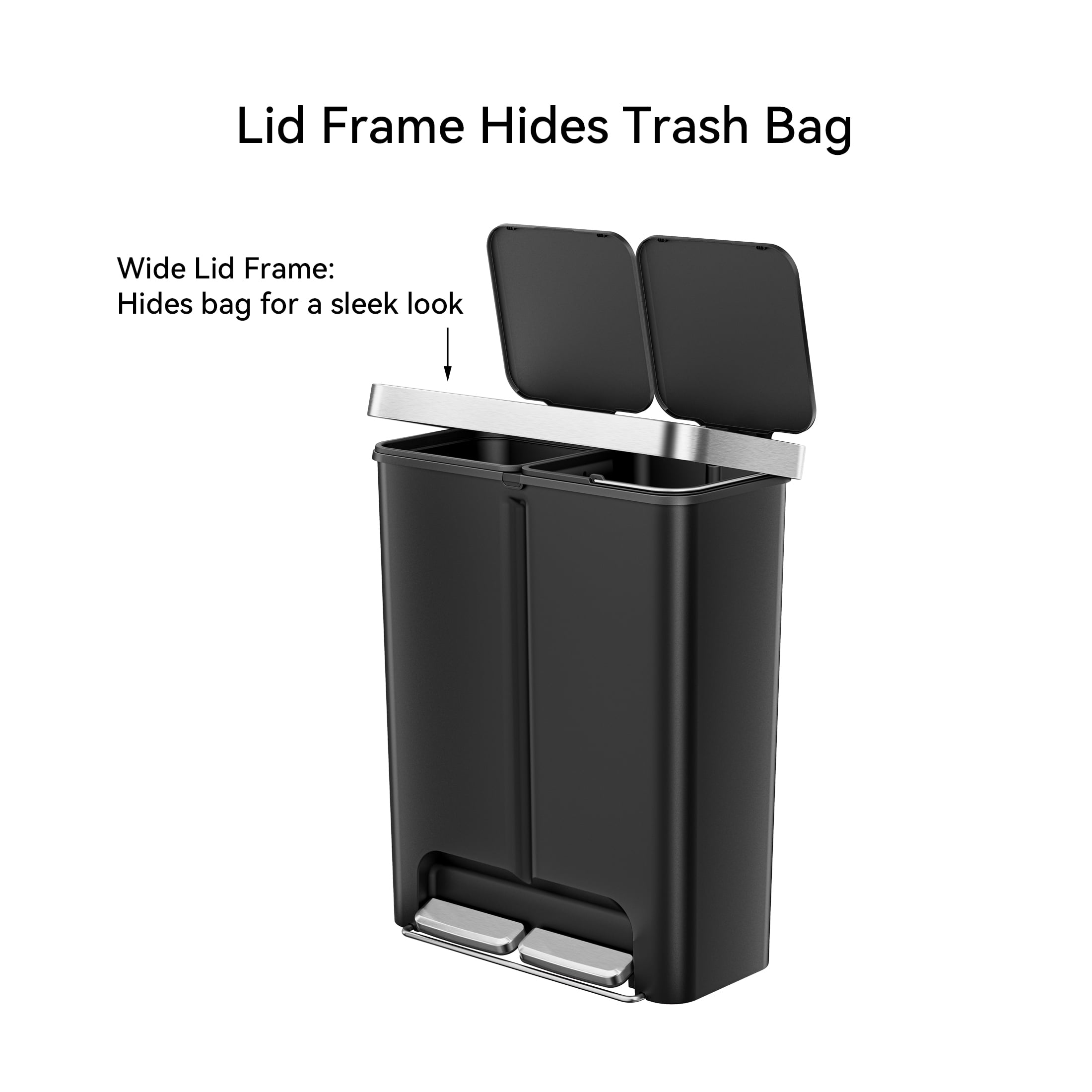 Better Homes & Gardens Kitchen Recycle Trash Can, 16 Gallon Plastic Dual Compartment Step Garbage Bin, Black