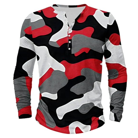 Dagegui Men's Camo Henley Shirts Long Sleeve Crewneck Button Shirt Big and Tall Camouflage Athletic Tees Fall Outdoor Hiking Camping Tops Red S