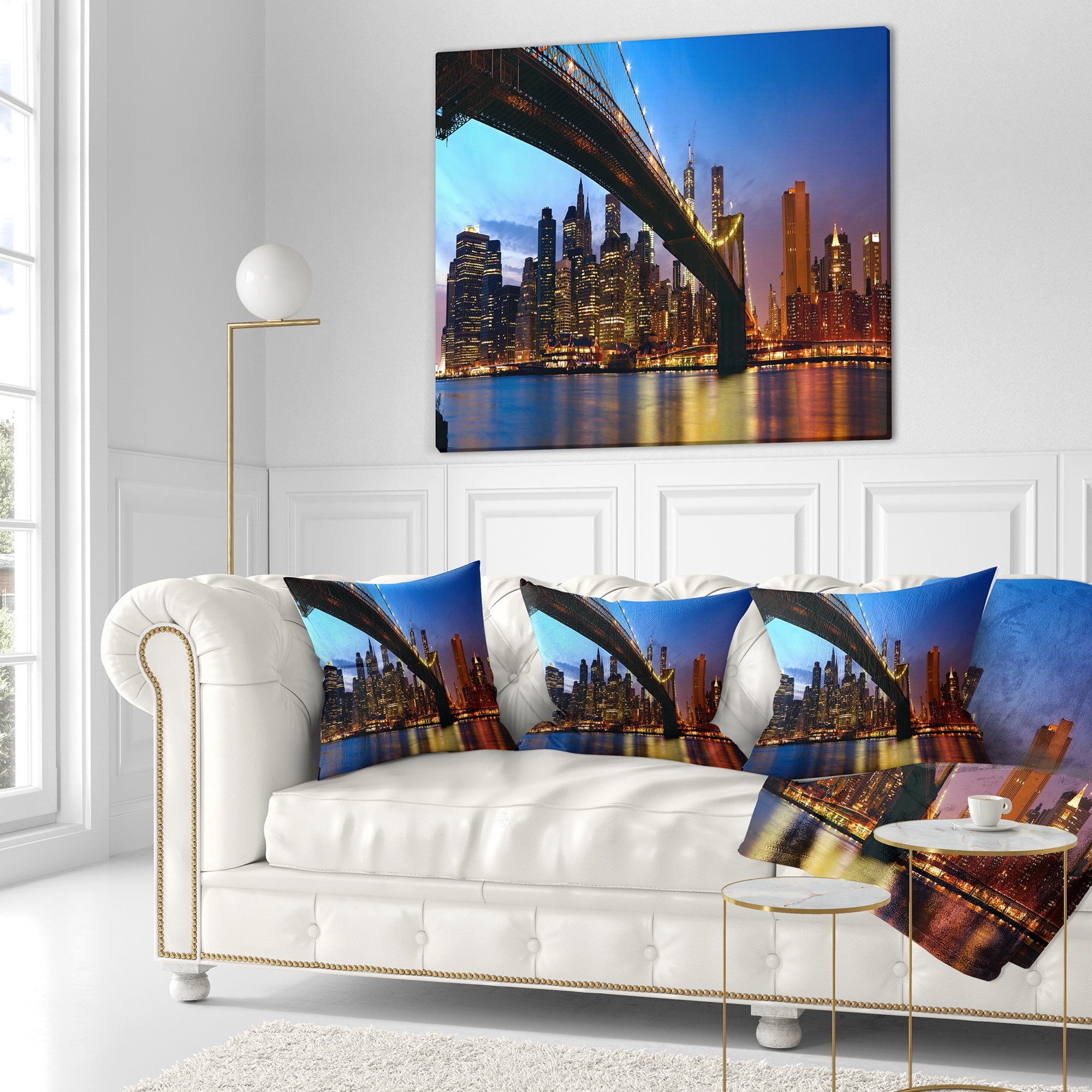 Designart Manhattan City with Bridge under Blue Sky - Cityscape Throw Pillow - 18x18
