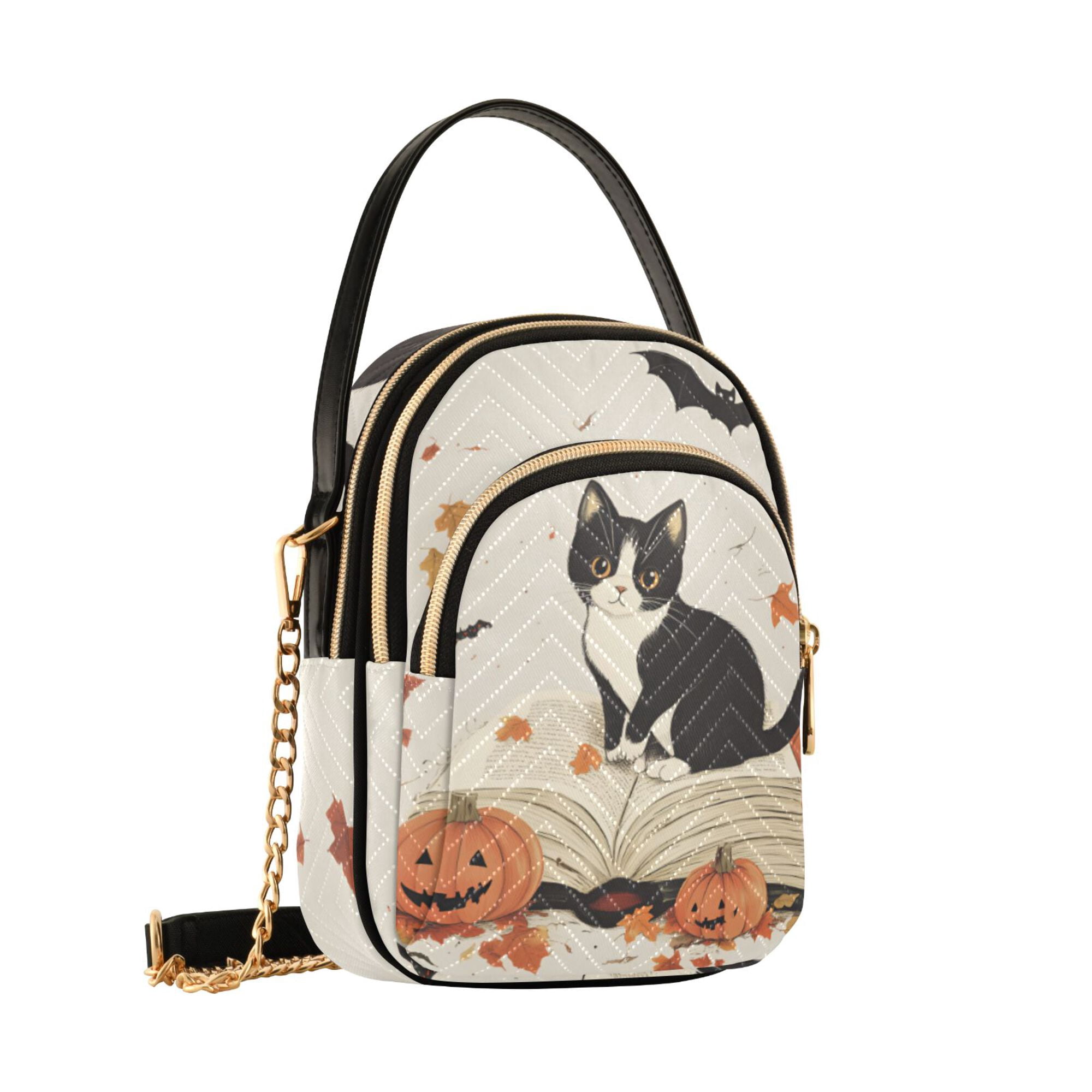 FORMRS Crossbody Bag for Women Quilted Travel Shoulder Cell Phone Purse with Chain Strap Handbag, Gray Cartoon Halloween Cat