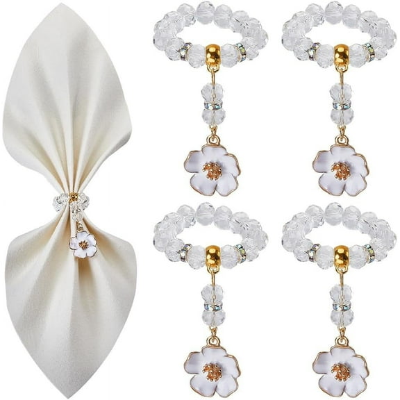 8 Sets Beaded Napkin Holder Napkin Ring Holders Holiday Napkin Rings Glass Beaded Napkin Holder Ring Wihte Flower Napkin Rings for Christmas Wedding Dinner Table Banquet Party Decor White