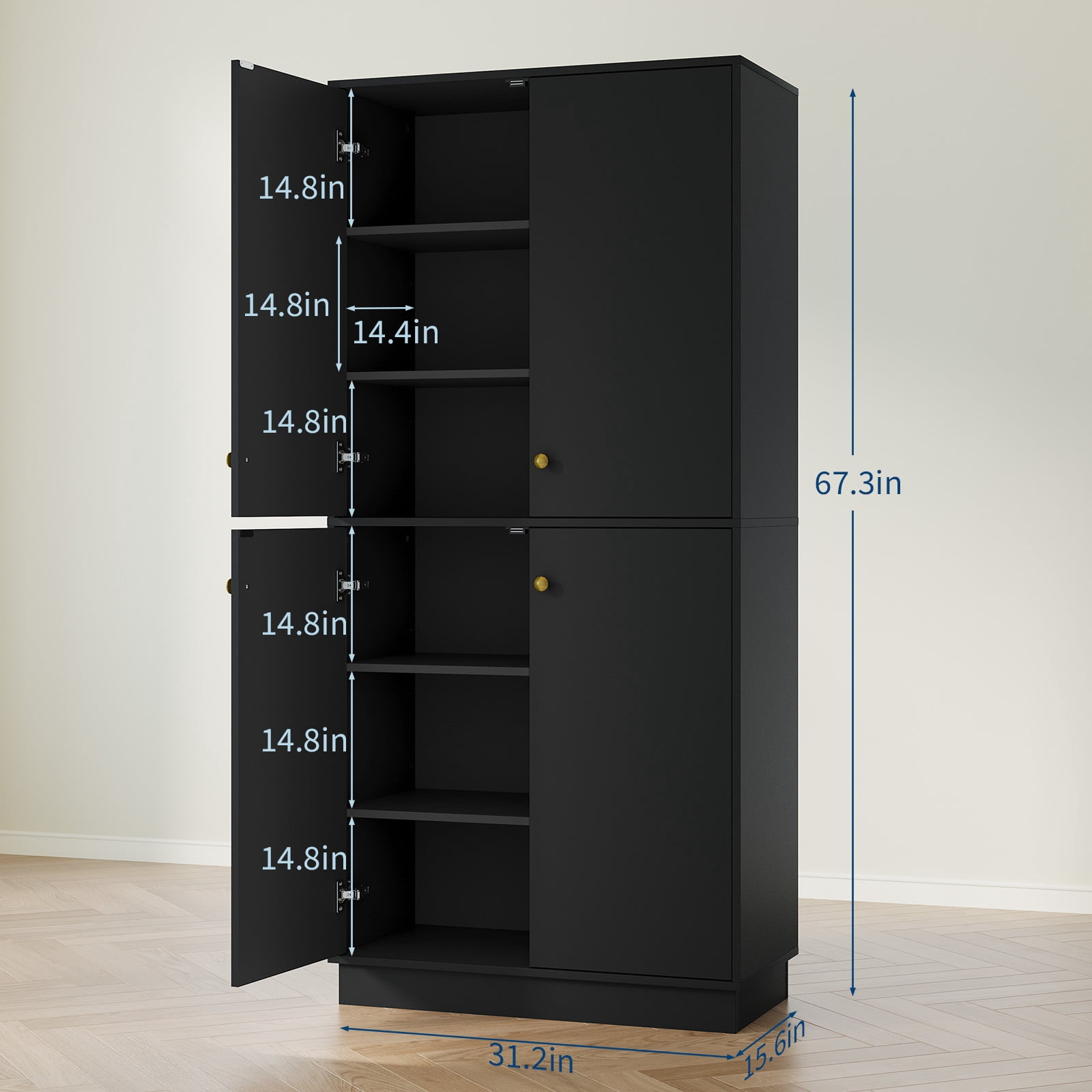 Garvee 67.3" Tall Pantry Cabinet, 4-Door Kitchen Food Storage Cabinet with Adjustable Shelves, Freestanding Pantry Cupboard Organizer for Dining Room, Living Room, Utility Room, Black