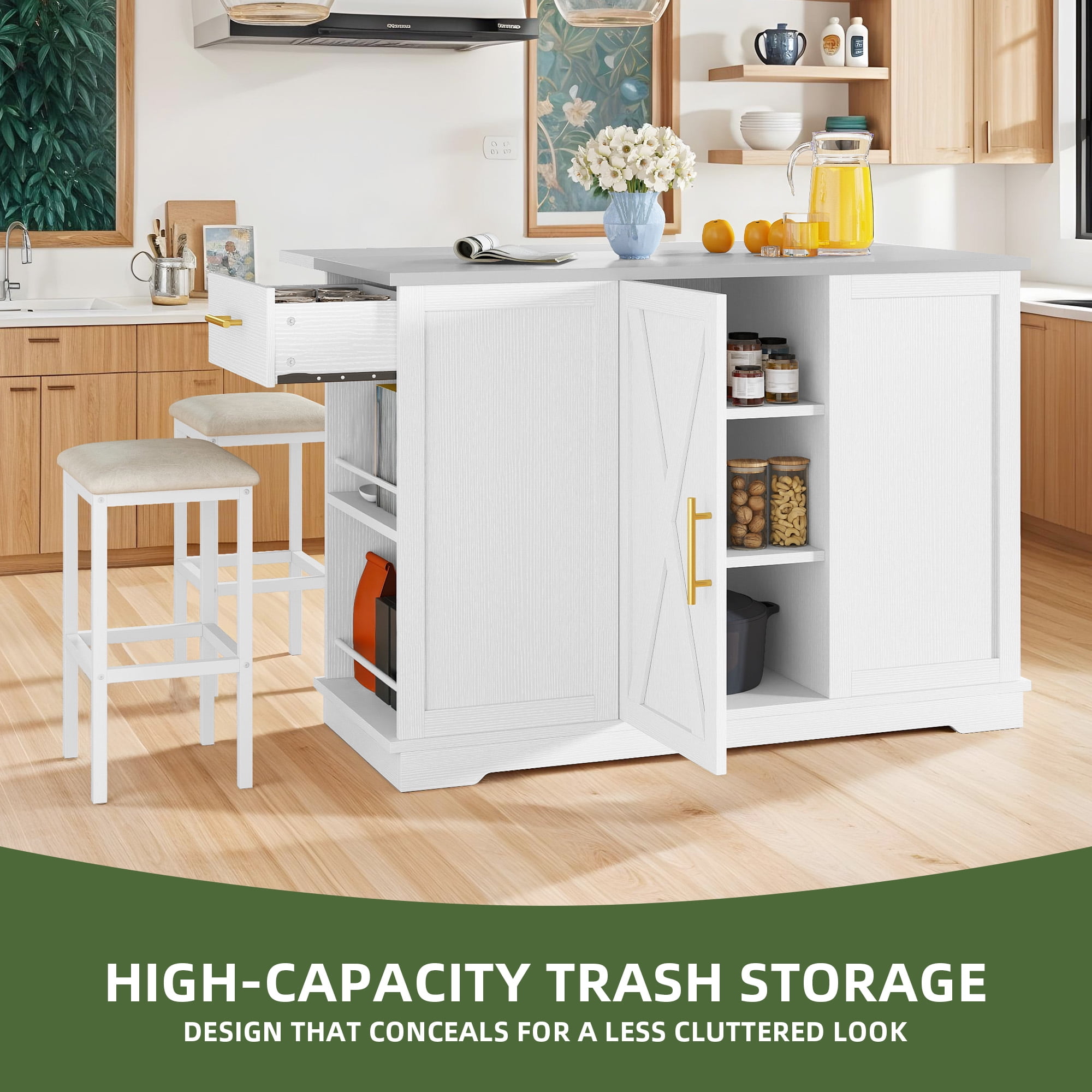 Uforic Kitchen Island with Drop Leaf & Seatings, Island with Power Outlets & Trash Storage, White