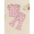 thumbnail image 2 of Suealasg Toddler Girls 2Pcs Summer Clothes 6M 1T 2T 3T 4T 5T Kids Little Girls Casual Outfits Short Sleeve Ruffle Floral Tops Flared Pants Sets, 2 of 7