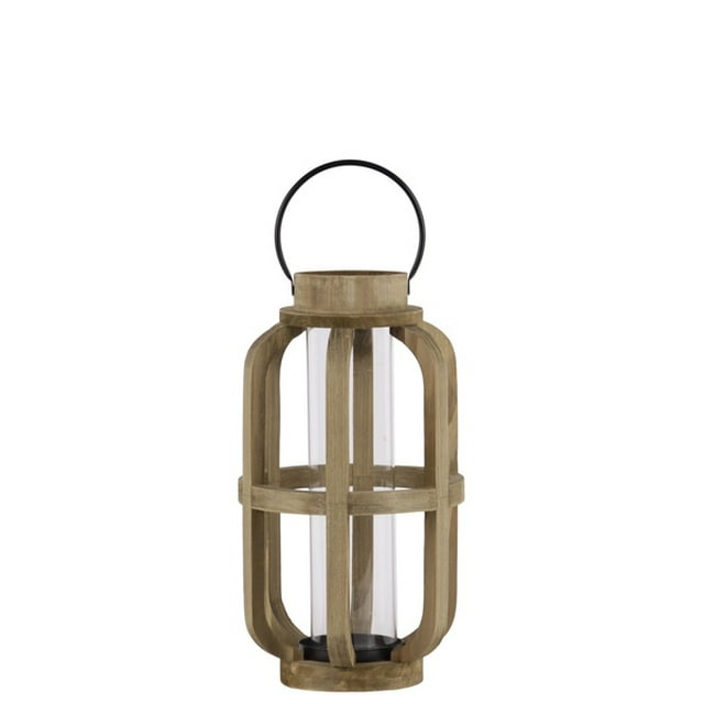 Wood Cylinder Metal Handle Lantern With Hurricane Candle Holder, Small, Brown