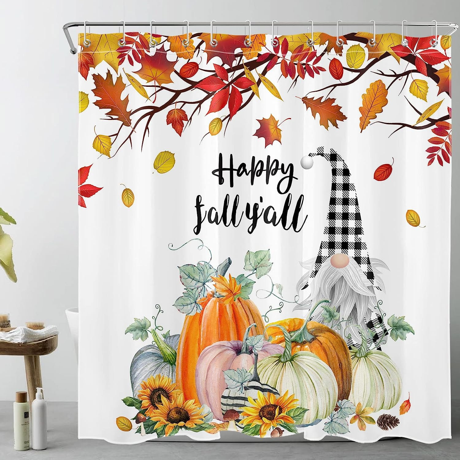 JOOCAR Fall Pumpkin Shower Curtain Black and White Plaid Gnome Shower