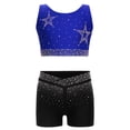 thumbnail image 1 of Moggemol Kids Girls Sparkle Rhinestone Ballet Jazz Set Crisscross Back Crop Tank Top V-Front Performance Shorts Blue+Black 12, 1 of 4