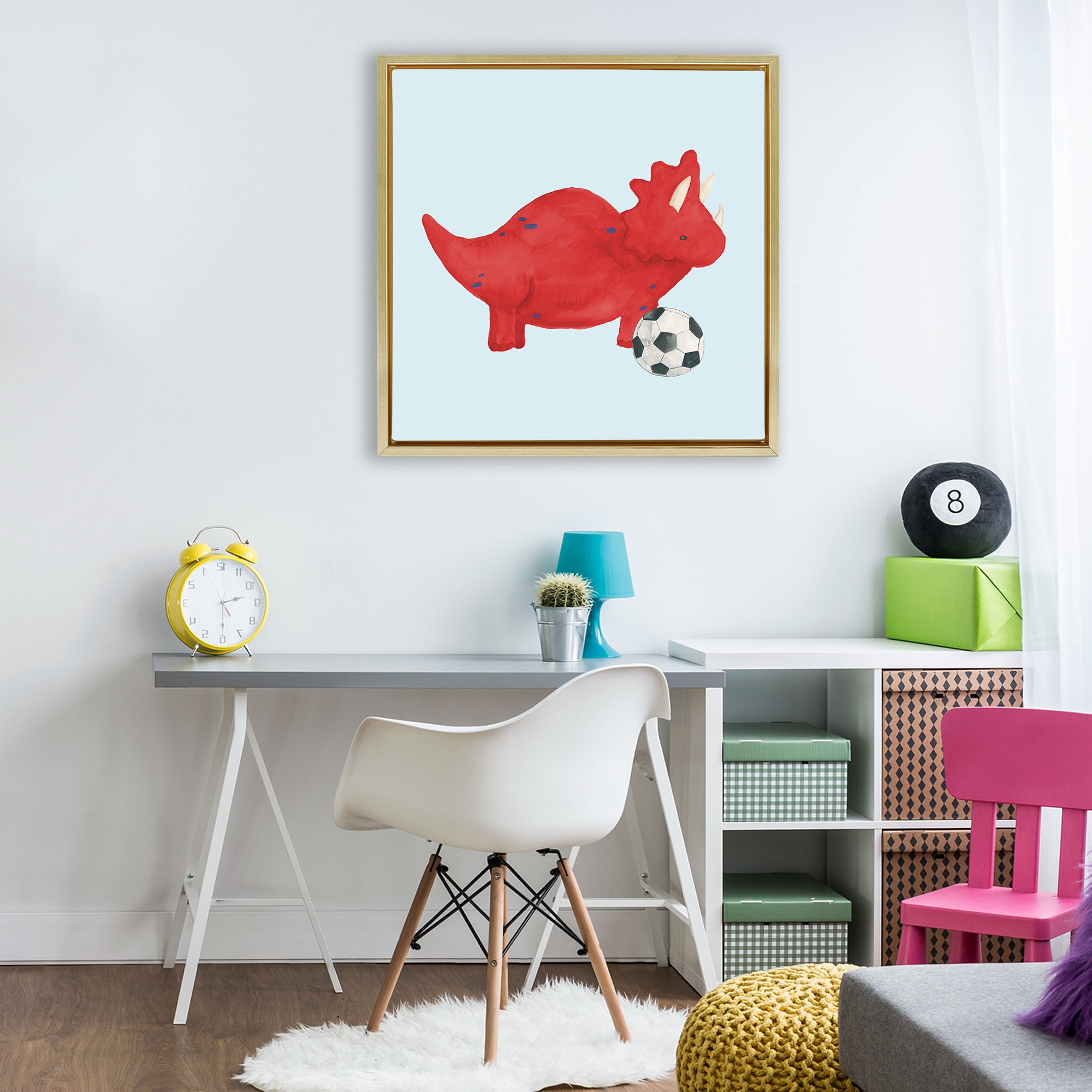 Stupell Industries Baby Dino with Ball Gold Framed Floater Canvas Wall Art, design by Lucille Price
