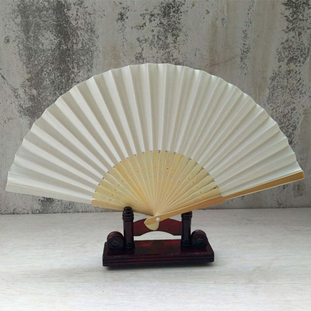 Abanico de papel plegable de 7 pulgadas 007 Blanco, Abanico de boda de danza de patrón plegable de encaje de seda de color sólido