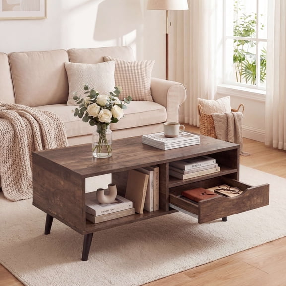 ELLEGNT Coffee Table with Storage Drawer and Open Shelves - Rustic Rectangle Center Table for Living Room, Walnut