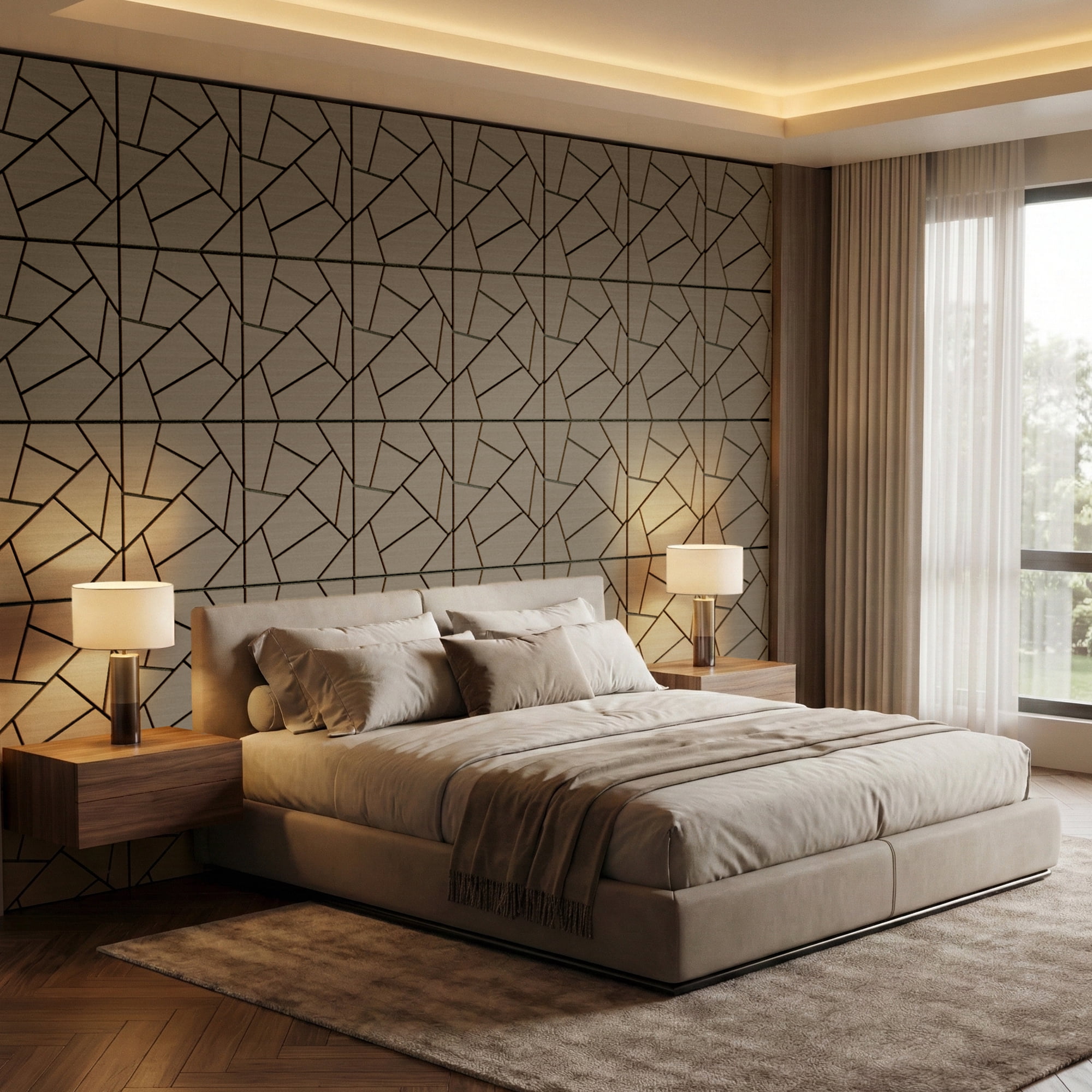 Fahomiss Abstract Geometric Acoustic Wood Slat Wall Tiles 4-Pack 24"x24", 3D Panel, Walnut