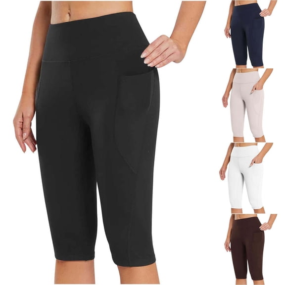 EOYWHK Workout Leggings for Women Quick Dry Stretchy High Waist Yoga Pants Soft Tummy Control Capri Leggings with Pockets Black XXXL