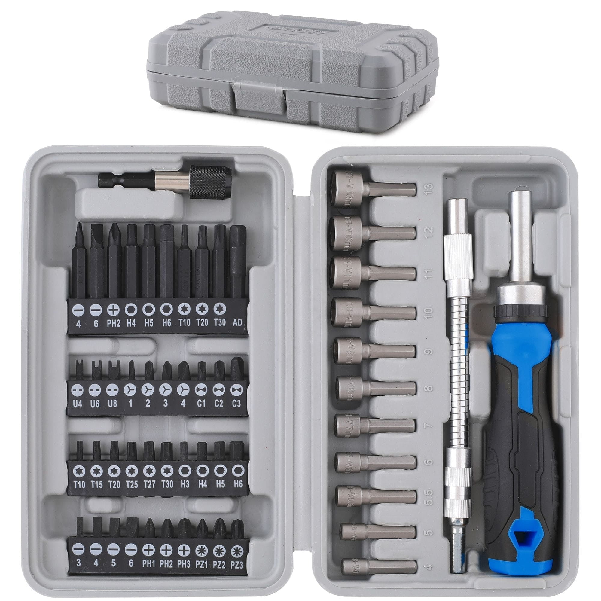 Apollo Tools 54pc 1/4" Screwdriver and  Nut Driver Bit Set - Complete Home Tool Set DT9025 Blue/Gray