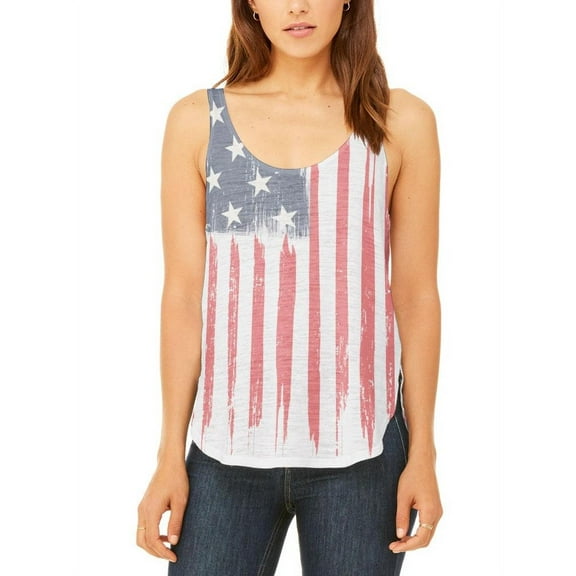 4th of July Distressed Brushed American Flag Juniors Flowy Side Slit Tank Top Multi MD