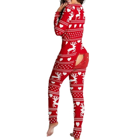 

Haite Women Long Sleeve V Neck Sleepwears Bodysuit Sexy Onesies Pajamas Casual Printed Jumpsuits Rompers Butt Button Flap