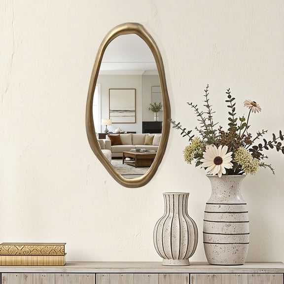 LuxenHome Elegant Wall Mirror with Curved Frame, Aged Gold Finish, Modern Accent Decor, 29.5"x15.25"