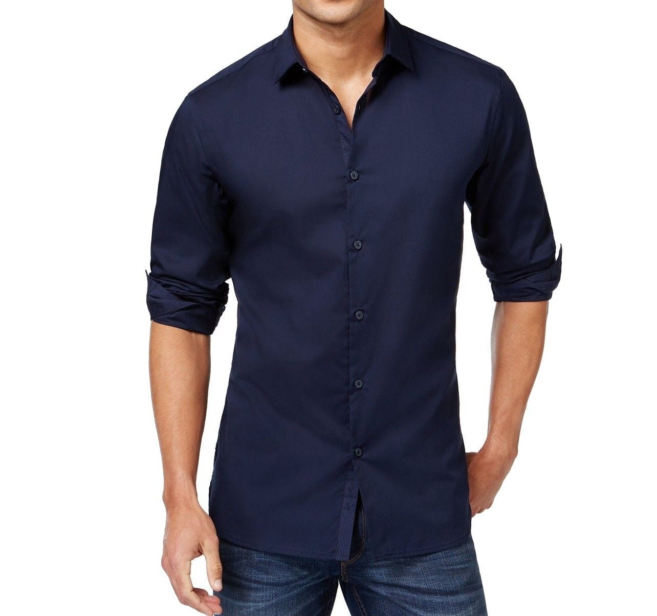 Alfani Neo Navy Mens Large Button Front Dress Shirt