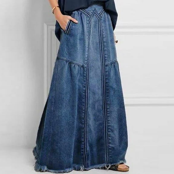Baqcunre Casual High Waist Denim Skirt Slim Fit A Line Jean Maxi Skirt Skirts For Fall 2023 Denim Skirt Long Skirt Women Clothing Skirts For Women,Color Dark blue,Size L
