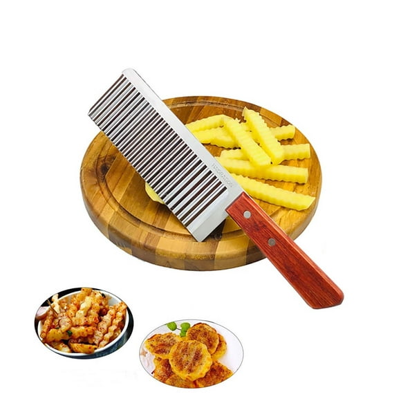 Qaailabf Stainless Steel French Fry Knife with Wooden Handle - Professional Wavy Potato Cutter for Wolf Tooth Potatoes, Cucumbers, Carrots - Kitchen Slicer Tool for Home Cooking & Chefs