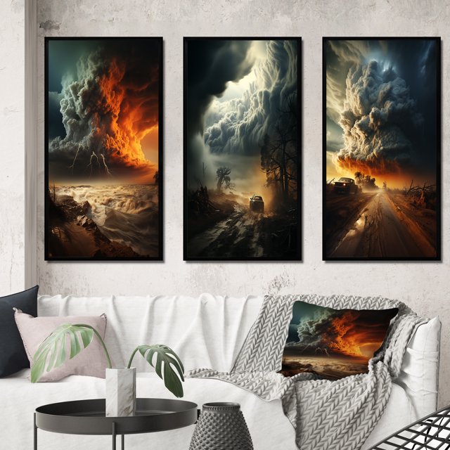Designart "Storm Raging SPIRAL III" Nautical & Beach Framed Wall Art Set Of 3 - Grey Storms Frame Gallery Wall Set For Home Decor