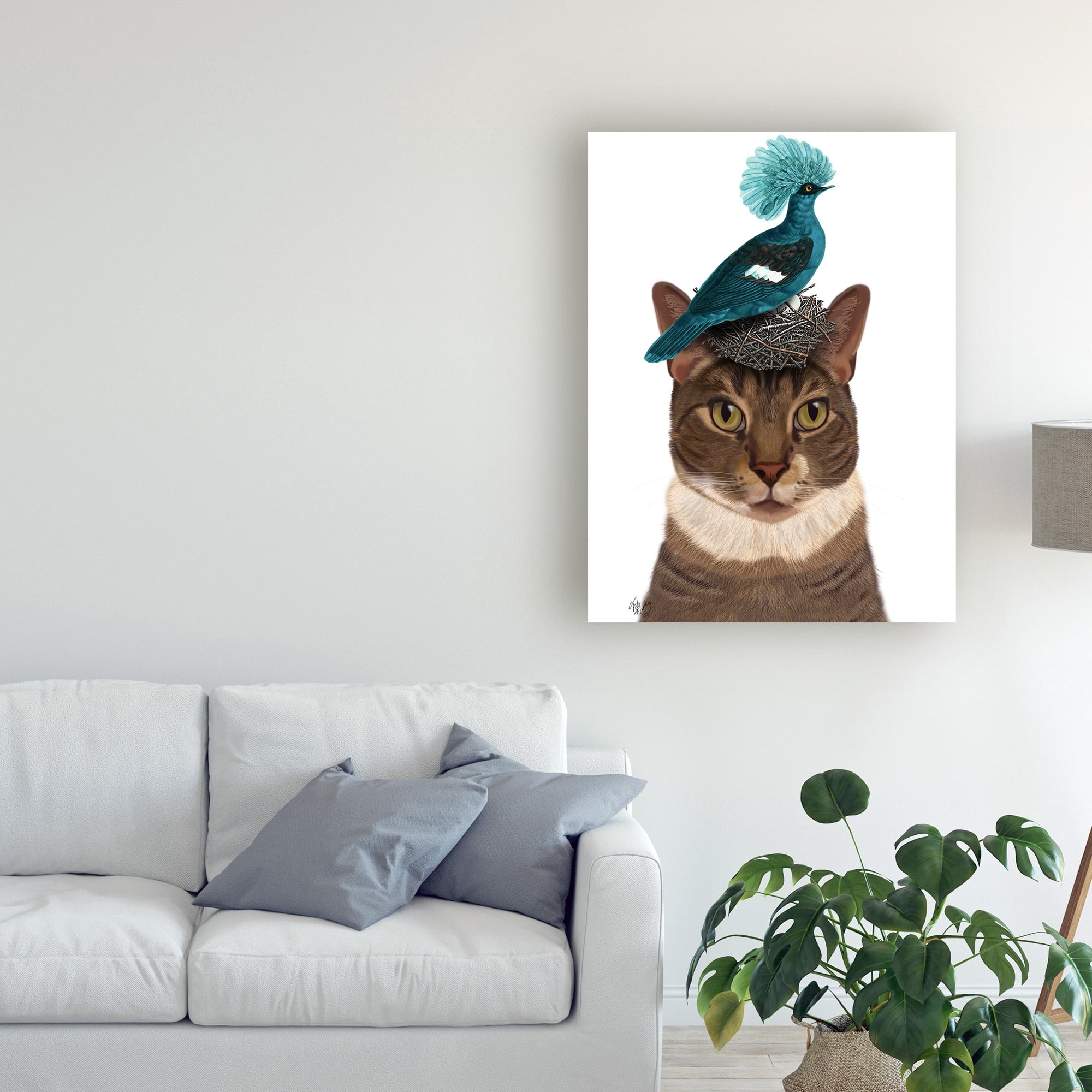 Trademark Fine Art 'Cat With Nest And Blue Bird On Head' Canvas Art by Fab Funky
