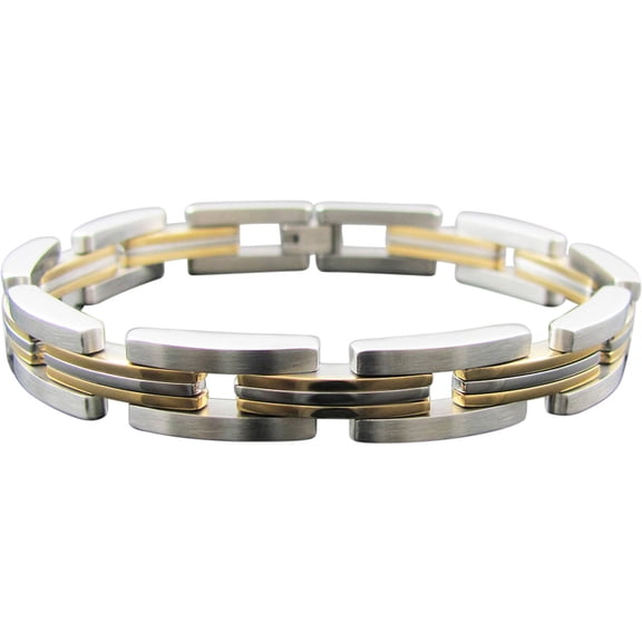 Arista Men's Brushed and Polished Men's Striped Link Bracelet in Two-Tone Gold Solid Stainless Steel, 8.50"