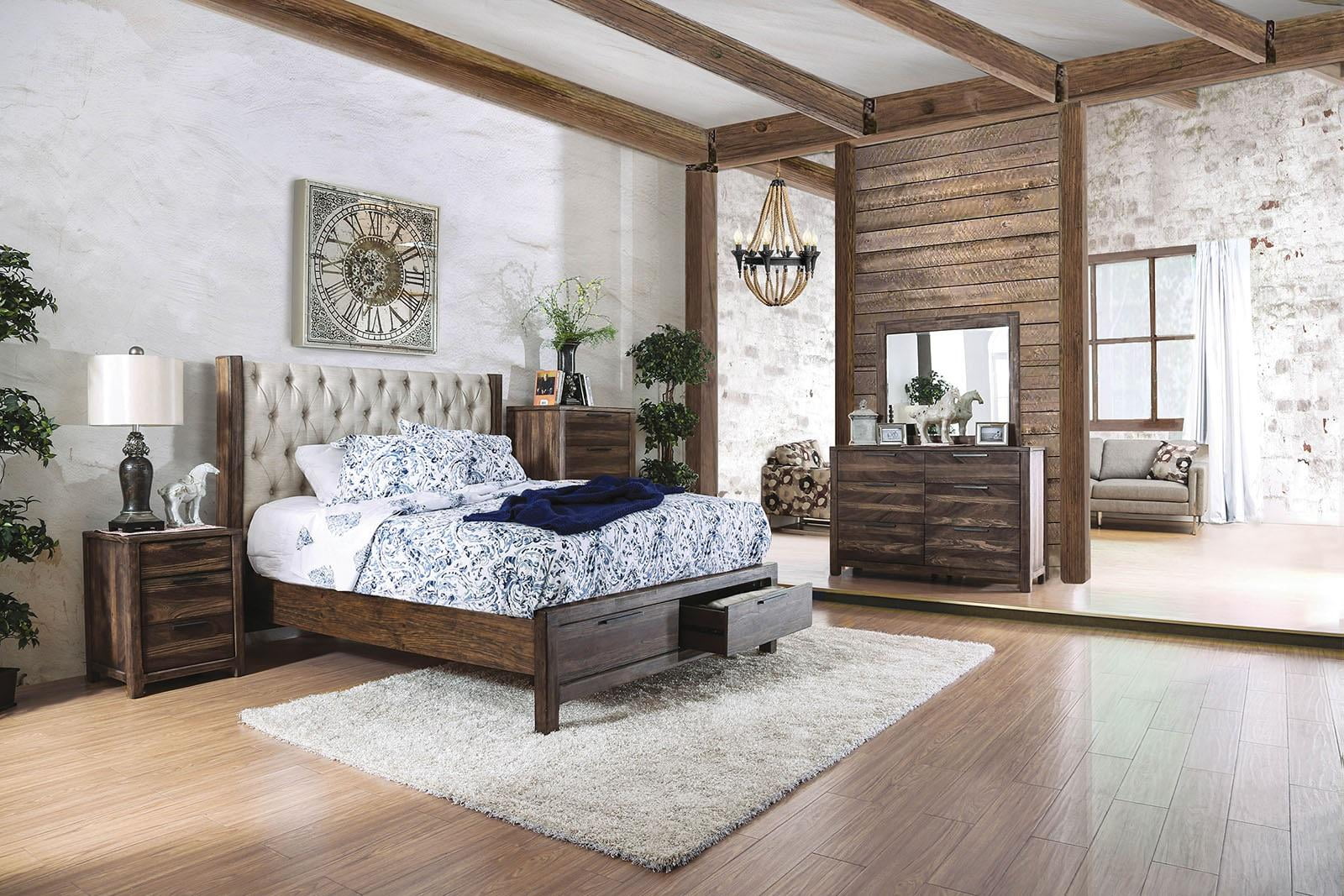 Rustic Natural Solid Wood King Bedroom Set 6pcs FOA CM7577DREK