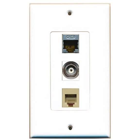 RiteAV - 1 Port Phone RJ11 RJ12 Beige and 1 Port Shielded Cat6 Ethernet and 1 Port BNC Decorative Wall Plate Decorative