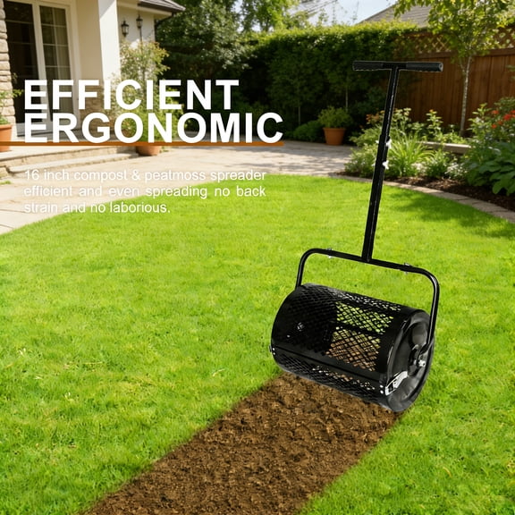Lixhey 16-Inch Compost Spreader & Peat Moss Spreader – Lawn Roller Spreader with Adjustable T-Handle, Steel Mesh Basket, Black