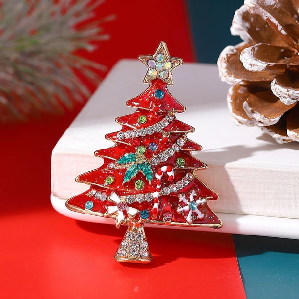 Broche navideño con forma de árbol de Navidad, con incrustaciones de diamantes y esmalte, ideal para abrigos, suéteres y accesorios de ropa.