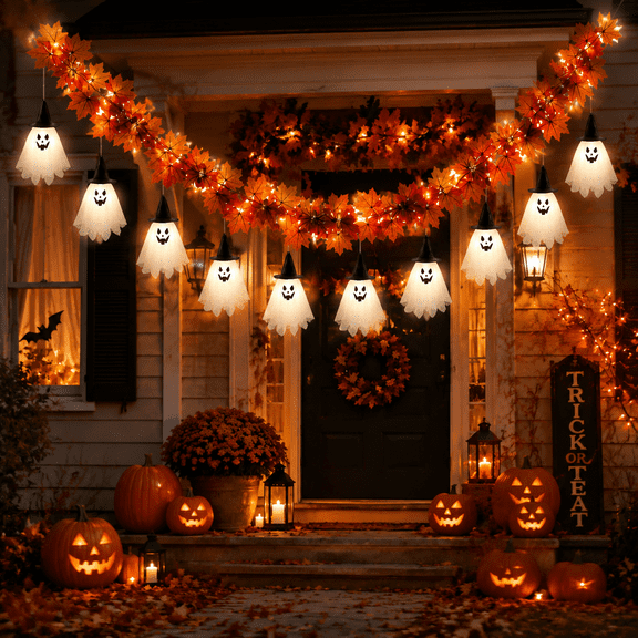 Halloween Witch String Lights, Halloween Witch Ghost Lights Warm White Led Ghost Lamps with Soft Fabric Hats and Broom Silhouettes